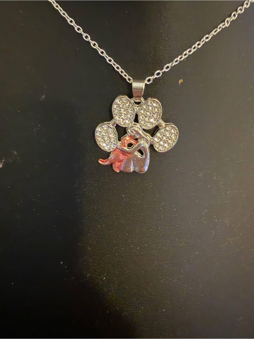 Crystal Paw Print Necklace with Elephant Charm - Silver